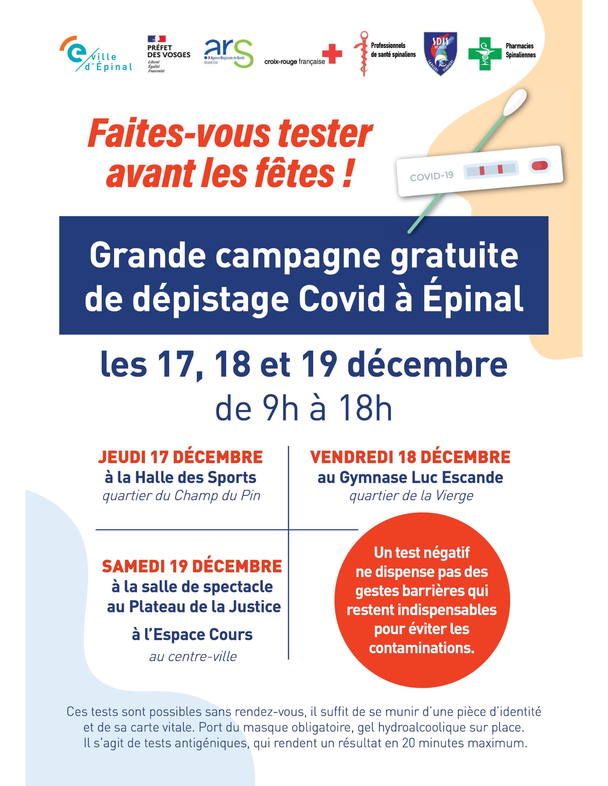 Covid-19 : dépistage gratuit les 17, 18 et 19 décembre à Epinal